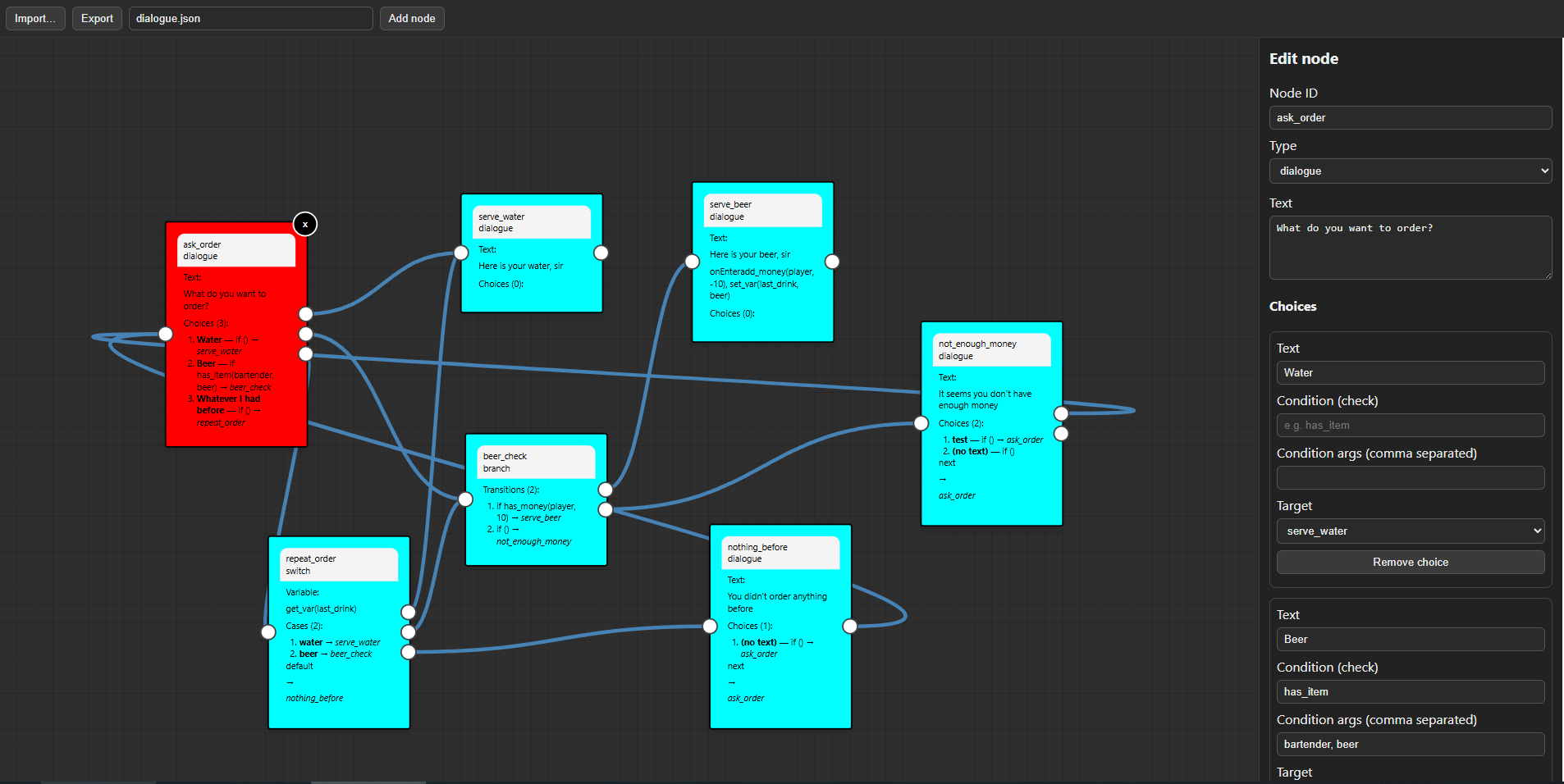 Drawflow dialogue editor